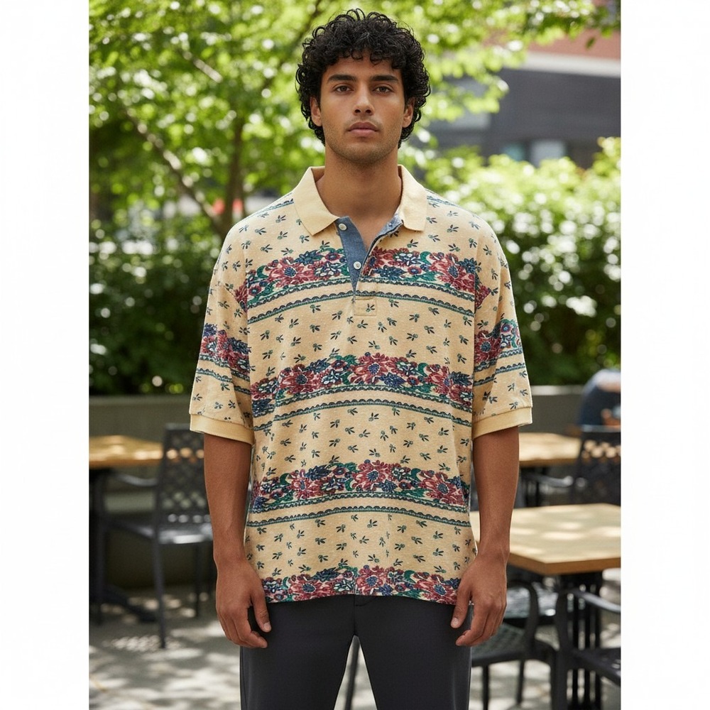 Chaps Floral Striped Polo in Pale Yellow with Red and Blue Accents